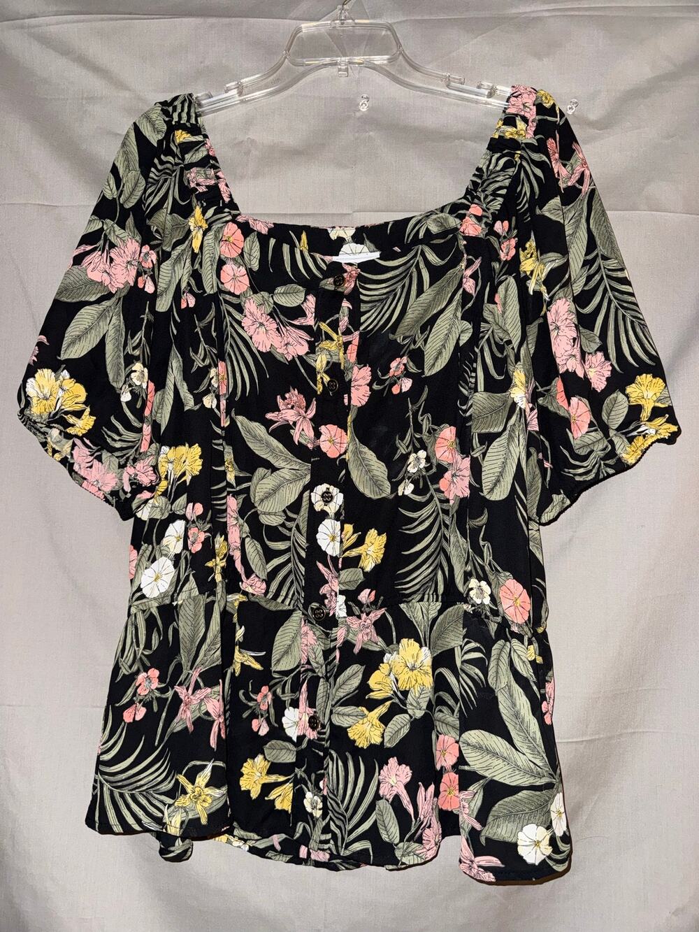 Liz Claiborne Tropical Floral Button Front Blouse Black Pink Yellow, Size XXL